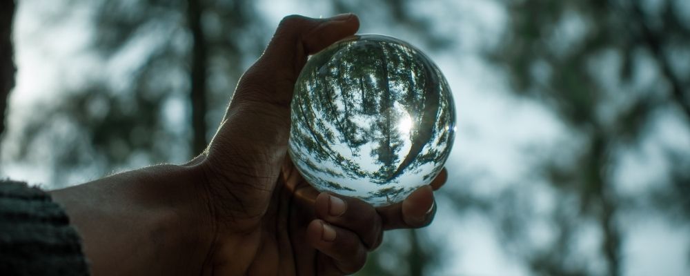 Persoon met een glazen bal in zijn hand die de bossen reflecteert